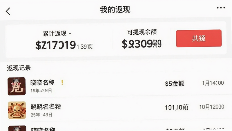 晓晓优选APP内“我的返现”页面截图,上半部分显示累计返现金额和可提现余额,下半部分列出返现记录列表,每行有商家名称、金额、时间,界面以白色背景配红色按钮,字体清晰,布局整齐,高画质。