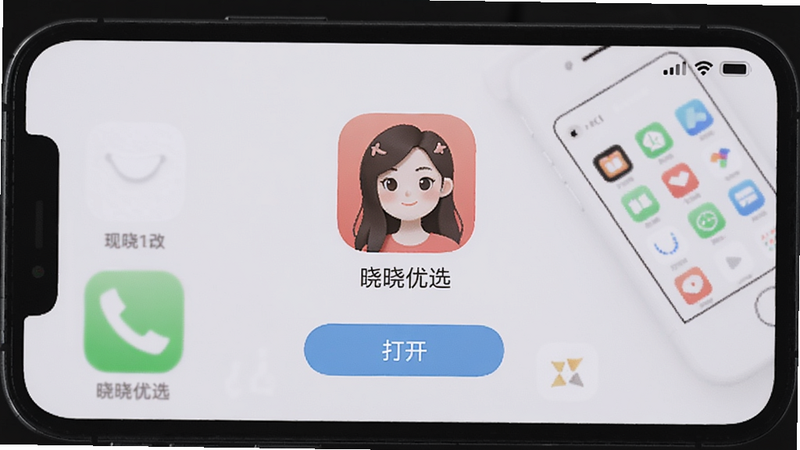 一张展示晓晓优选APP安装完成界面的手机截图,屏幕中央显示“晓晓优选”图标,下方有“打开”按钮,背景为手机桌面,风格写实,画质清晰。
