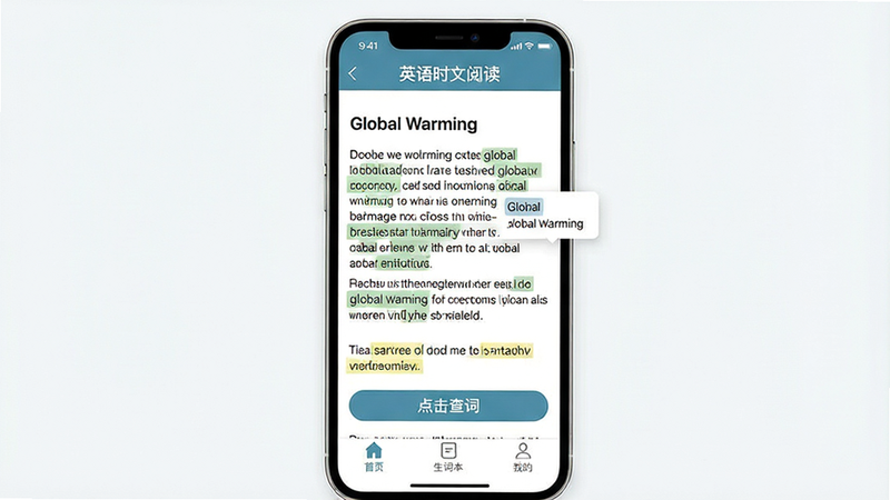 主体:手机屏幕显示“英语时文阅读”APP主界面,上方横栏有“英语时文阅读”字样,中间是一篇标题为“Global Warming”的英文文章,段落有高亮单词,下方有“点击查词”按钮。布局:上下对称,排版清晰。风格:扁平化、现代简约。细节:文章字体适中,单词注释小窗弹出,底部导航栏有“首页”“生词本”“我的”。画质:高清,干净,无多余元素。