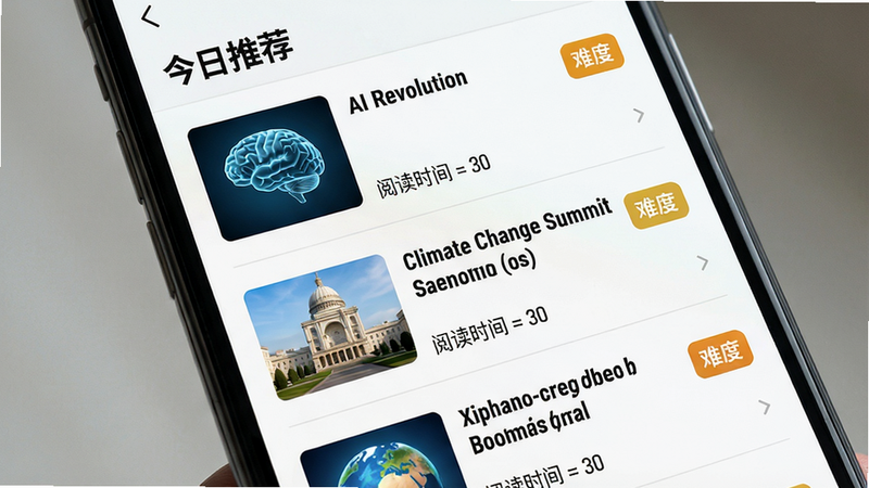 主体:手机屏幕展示英语时文阅读的文章列表,列表中有多篇时文标题,如“AI Revolution”、“Climate Change Summit”,每篇右侧有难度标签。布局:列表式,顶部有“今日推荐”标题。风格:简洁清爽。细节:每个条目有配图缩略图,底部有阅读时长预估。画质:高清,无多余元素。