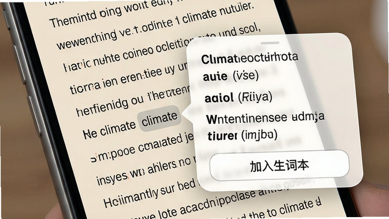 主体:手机屏幕显示英语时文阅读的阅读界面,一段英文文章中一个单词“climate”被点击,弹出浮动窗口显示释义、音标、例句,窗口底部有“加入生词本”按钮。布局:半透明浮动窗覆盖在文章上。风格:清晰直观。细节:文章背景为淡米色,文字黑色,浮动窗白色带圆角。画质:高清。