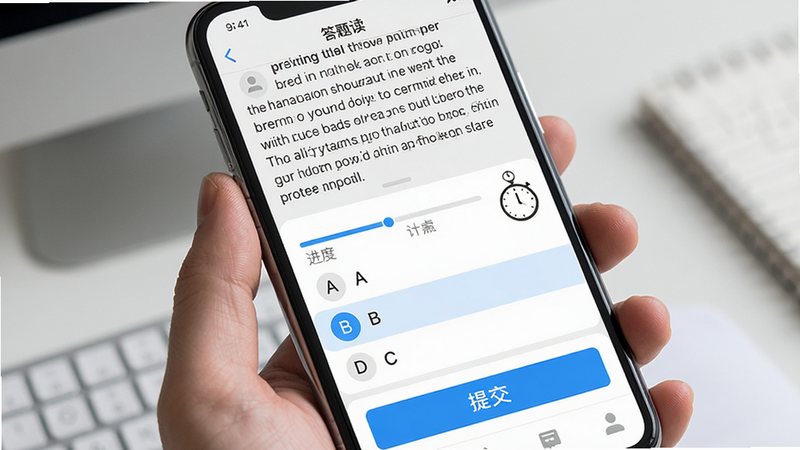 主体:手机屏幕显示英语时文阅读的答题界面,上方为文章片段,下方为选择题,选项为A、B、C、D,已选中的选项高亮。布局:上阅读区下答题区。风格:教育类app风格。细节:答题进度条、计时器,底部有“提交”按钮。画质:高清。