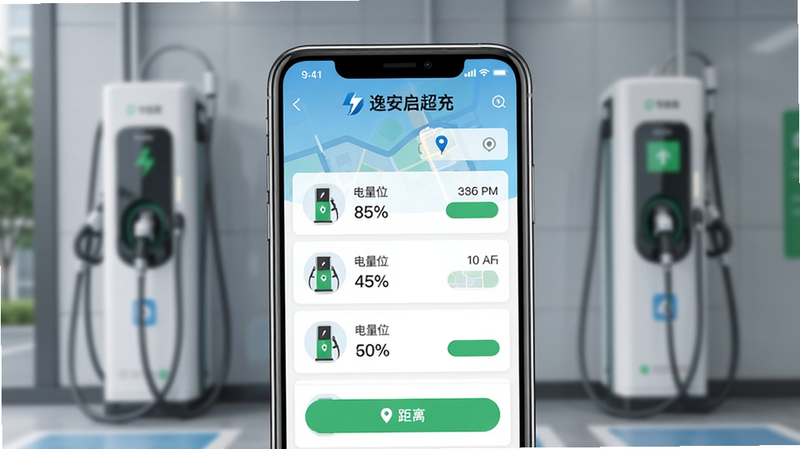 一幅展示逸安启超充APP主界面的智能手机屏幕特写,主体为手机居中,背景虚化的现代充电站,界面顶部显示“逸安启超充”标志,下方有充电桩列表、地图导航按钮,布局上下分明,风格扁平清新,细节包括电量百分比、距离数字、绿色按钮,画质高清,画面干净无多余杂物