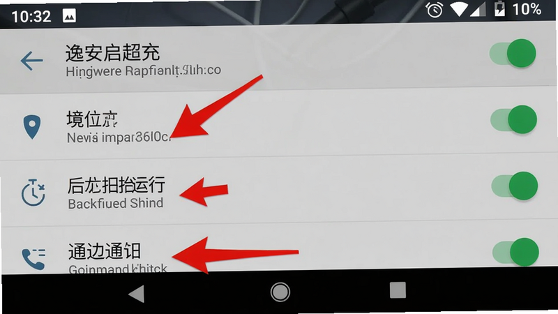 一张手机设置界面截图,显示逸安启超充的权限管理,定位、后台运行、通知三项开关均打开,布局列表式,风格原生安卓系统,细节有红色箭头标注,画质清晰