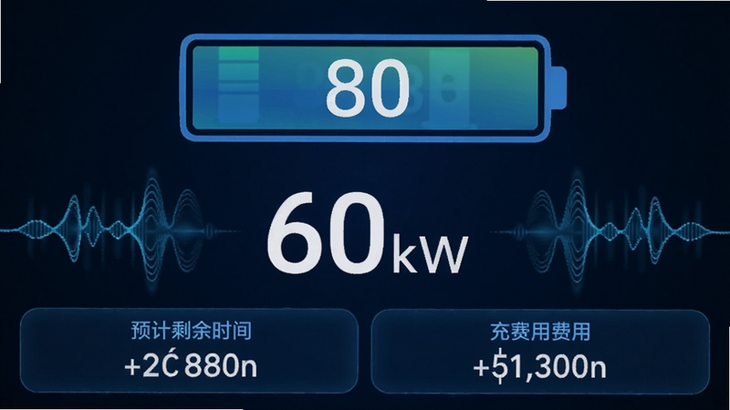 逸安启超充充电监控界面截图,上半部分为电池图标显示当前电量80%,中间数字显示充电功率60kW,底部有预计剩余时间及费用,布局左右对称,风格科技蓝,细节包括动态波纹效果,画质细腻,无冗余元素