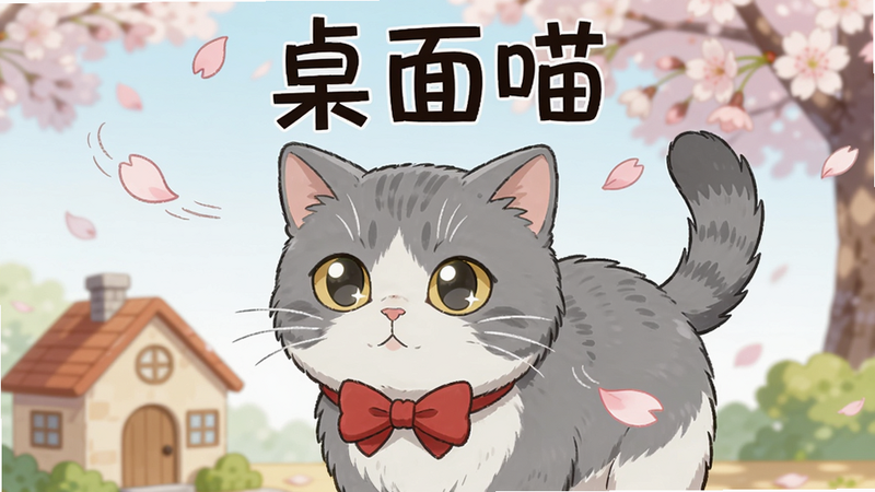 一只灰白相间的英短猫戴着红色蝴蝶结,站在一个带有小房子的场景中,背景有飘落的樱花。画面布局将猫放在中央偏下,上方有“桌面喵”字样。风格为清新动漫,细节包括花瓣飘动轨迹和猫眼高光。画质高,干净,色彩柔和。