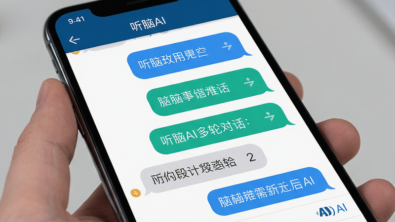 手机屏幕展示听脑AI多轮对话界面,顶部显示‘听脑AI’标题,下方连续显示多个对话气泡,用户气泡和AI气泡颜色区分,布局整齐,风格简洁干净,画质清晰,细节包括气泡内的文字可读