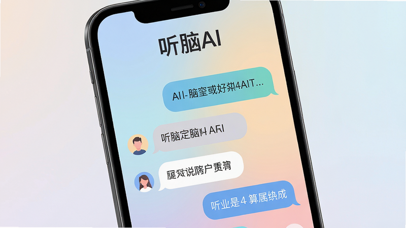 智能手机屏幕显示听脑AI的主界面,界面布局为竖屏,顶部有‘听脑AI’字样,中间显示用户与AI的对话气泡,背景为柔和渐变色,风格现代扁平化,细节包括气泡圆角、文字清晰,画质超高清,干净无多余元素