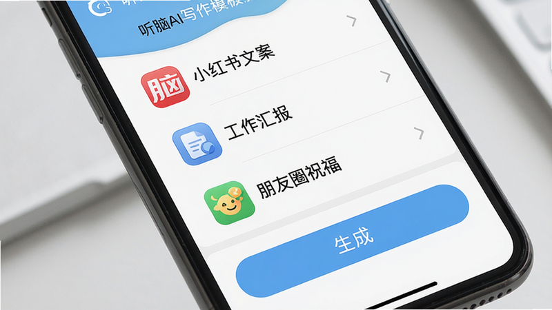 手机屏幕展示听脑AI写作模板选择界面,列表显示‘小红书文案’、‘工作汇报’、‘朋友圈祝福’等图标,下方有‘生成’按钮,设计清新简洁,画质细腻,布局舒适