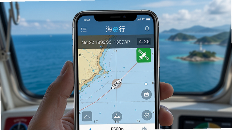 海e行精准定位界面,手机屏幕显示船只在海图上位置,坐标信息清晰,卫星信号图标满格,背景为海洋与岛屿,风格写实,画质高清