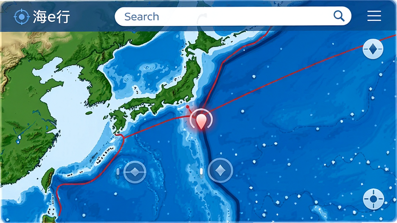 海e行航海导航主界面,动态海图显示,蓝色海洋与绿色陆地对比,航线以红线标注,定位图标闪烁,顶部有搜索栏和菜单,界面干净清爽,画质细腻,无多余元素