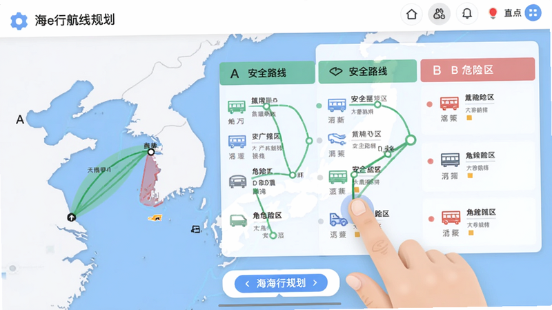 海e行航线规划页面,从A点到B点的多条候选路线对比,绿色安全路线与红色危险区,用户手指拖拽调整节点,界面交互流畅,风格扁平化,画质干净