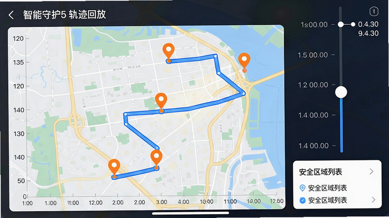 主体:APP历史轨迹界面,地图上显示一条蓝色折线路径,途中有橙色停留点标记,右侧时间轴滑动条,底部有“安全区域列表”卡片,布局分区明确,风格信息可视化,细节包括坐标轴与时间戳,画质锐利,文字为“智能守护5 轨迹回放”