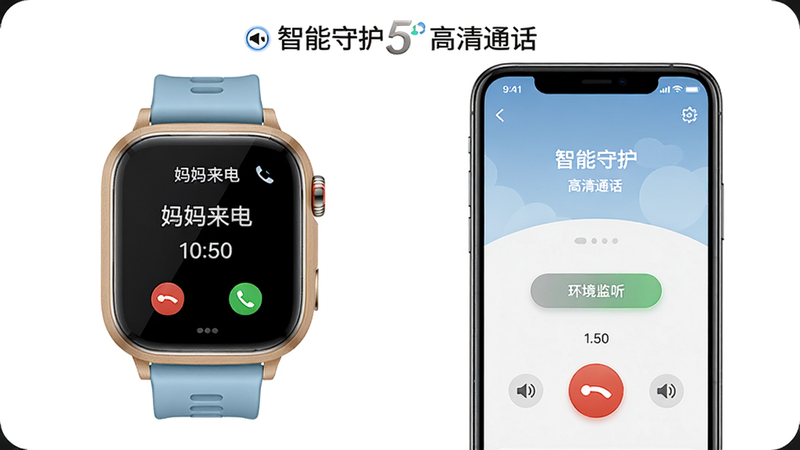主体:儿童手表与手机通话界面,手表屏幕显示“妈妈来电”,手机APP显示通话中并有“环境监听”按钮,背景为白色简洁,布局居中,风格拟物化,细节包括通话时长与音量条,画质细腻,文字为“智能守护5 高清通话”