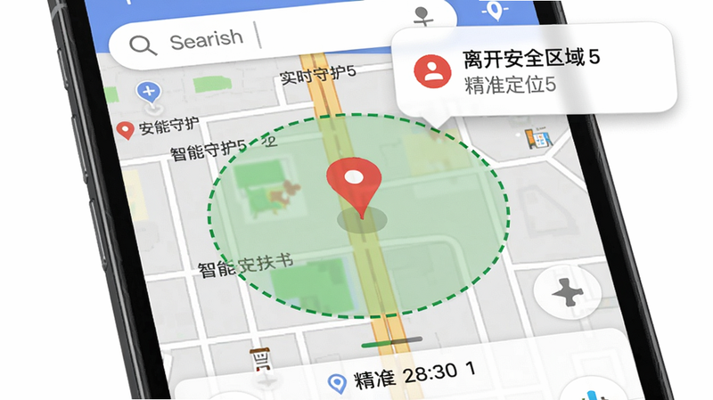 主体:一张手机地图界面,中央显示孩子位置红色标记,周围有绿色圆形安全区域虚线,右上角弹出“离开安全区域”通知气泡,布局上方为搜索框,下方为定位精度显示,风格写实,细节包括街道名称与实时时间,画质清晰,图片文字为“智能守护5 精准定位”