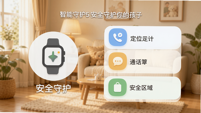 主体:智能守护5 APP主界面,背景为家庭温馨场景,左侧显示手表图标与“安全守护”字样,右侧列出定位、通话、安全区域三个功能卡片,排版整洁,风格清新扁平化,细节采用圆角设计,画质高清,干净无多余元素, 图片中文字为“智能守护5 安全守护你的孩子”