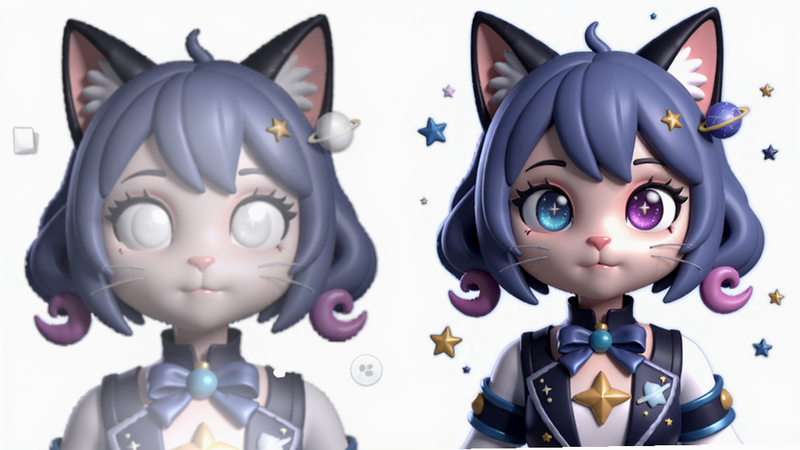 左侧是半透明的捏脸界面,右侧展示完成的高精度3D猫娘角色,穿着“星河漫游”套装,周围漂浮着星星粒子。画面采用左右分割布局,风格为次世代卡通渲染,细节包括毛发纹理和瞳孔光晕,画质极高,背景干净纯白。