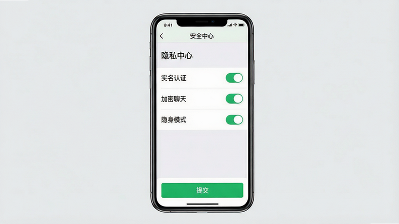 ���壺һ���ֻ���Ļչʾ����APP�ġ���˽���á�ҳ�棬������ʵ����֤�������������족��������ģʽ���ȿ��ء����֣��ֻ���������������Ϊǳ��ɫ���Ű棺���������б���ʽ���У����ذ�ťΪ��ɫ����񣺱�ƽ��UI��ƣ��ɾ���ࡣϸ�ڣ������С���ȫ���ġ����⣬�ײ��С��ύ����ť�����ʣ����壬�޶���Ԫ�ء�