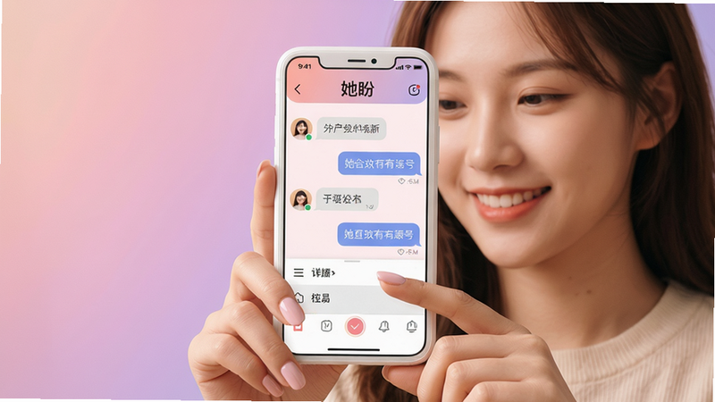 ���壺һλ����Ů��΢Ц��ʹ���ֻ�����Ļ����ʾ�����Ρ�APP���棬����Ϊ��͵ķ���ɫ���䡣���֣��ֻ����У��û������뾵����ָ�ᴥ��Ļ���Ű棺�ֻ���Ļ�ϵĽ���Ԫ�������ɼ��������������ݡ�ͷ�񡢲˵����������ů����ϵ����͵ƹ⣬ins���˾���ϸ�ڣ��ֻ����Ϊ��ɫ���û�ָ���е���ɫ���ס����ʣ�4K���壬�ɾ����޶���Ԫ�ء�