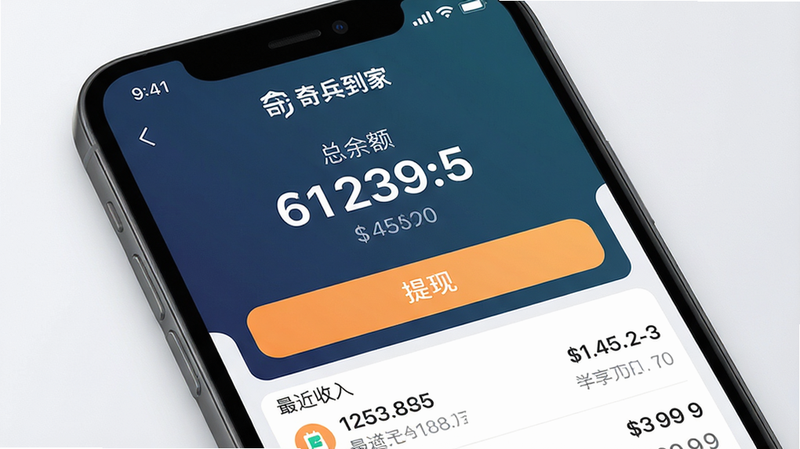 主体:手机屏幕显示钱包界面,布局:顶部总余额大数字,中间有“提现”按钮,下方是最近几笔收入记录,风格:金融级UI,细节:界面顶部有“奇兵到家”logo和余额数字,画质:精致锐利,干净无多余元素