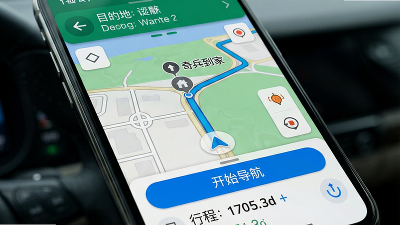主体:手机屏幕显示导航界面,布局:地图路线清晰,底部有“开始导航”按钮和行程信息,顶部显示目的地地址,风格:仿真实导航APP,细节:地图上标注“奇兵到家”小图标,画质:细腻真实,无多余元素