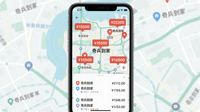 主体:手机地图界面显示多个红色订单标记点,布局:地图居中,下方有订单列表卡片,红色标记点上有金额数字,风格:信息可视化,细节:地图上显示“奇兵到家”字样,画质:清晰锐利,干净无多余元素