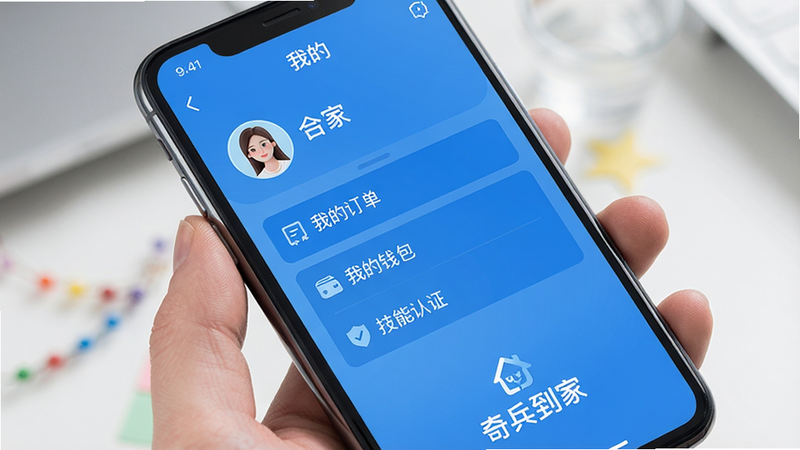 主体:手机屏幕上显示奇兵到家APP的“我的”页面,布局:顶部用户头像和姓名,中间有“我的订单”“我的钱包”“技能认证”等菜单,风格:清新蓝色系,细节:底部有“奇兵到家”字样,画质:高清干净,无多余元素