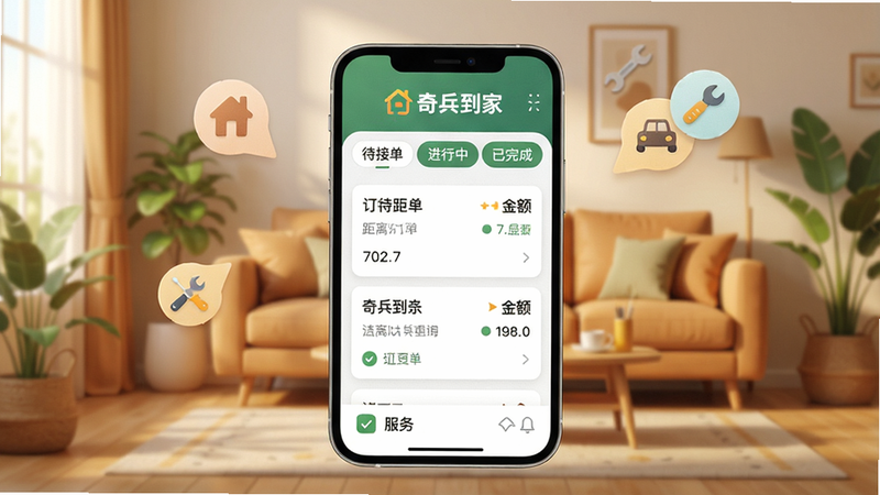 主体:手机屏幕展示“奇兵到家”APP主界面,布局:中央显示订单列表,顶部有“待接单”“进行中”“已完成”标签,背景是温馨的家居客厅场景,飘着工具图标,风格:扁平化+微质感,细节:订单卡片上有距离、金额、服务类型,屏幕上方有“奇兵到家”logo,画质:4K高清,干净无多余元素