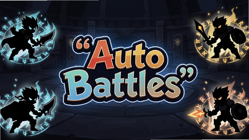 画面主体为游戏主界面,中央展示“Auto Battles”艺术字logo,背景为暗色调的竞技场,两侧分布着卡通风格的英雄角色剪影,布局采用居中对称风格,整体排版干净,画面风格为二次元手绘,细节包含发光的技能符文,画质高清,无多余元素,文字加引号“Auto Battles”