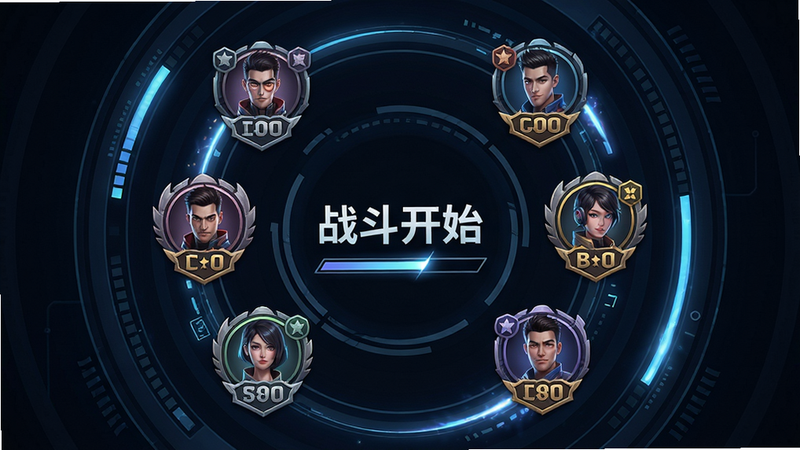 主体为匹配成功后的载入画面,显示8名玩家的头像和段位徽章,中间有“战斗开始”字样。布局采用环形排列,风格科技感,细节有进度条和光效,画质清晰,无多余文字。