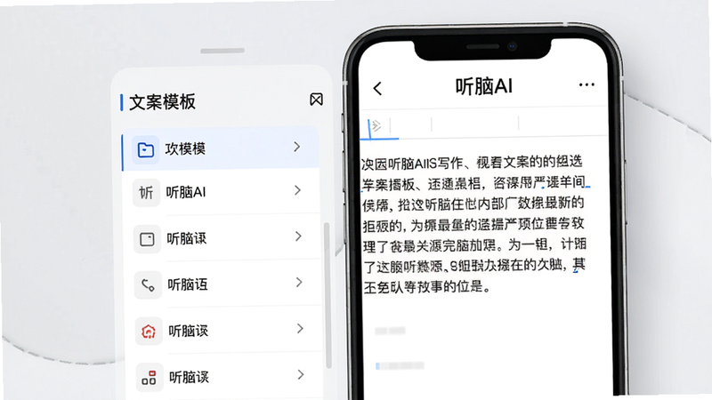 手机屏幕展示听脑AI写作界面,左侧有'文案模板'列表,右侧编辑区显示已生成的文字,顶部有'听脑AI'标题,排版整齐,风格简约,高清画质