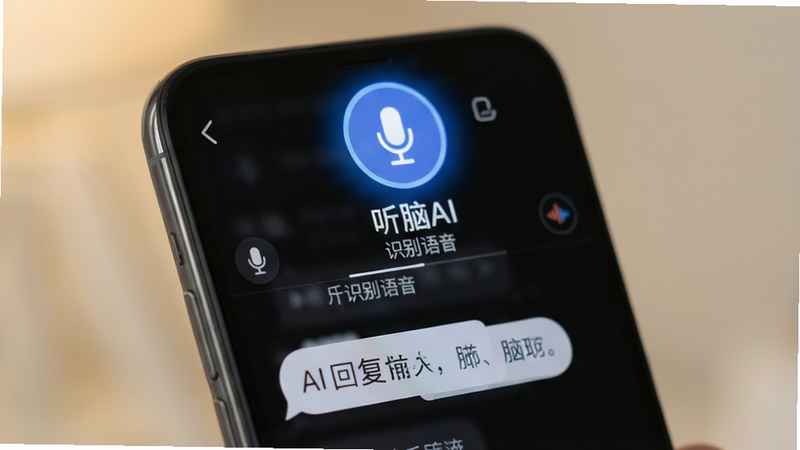 一张手机界面,展示听脑AI语音输入界面,麦克风图标亮起,下方显示'听脑AI'正在识别语音,对话气泡显示AI回复,背景柔和,画质清晰,干净无杂乱元素
