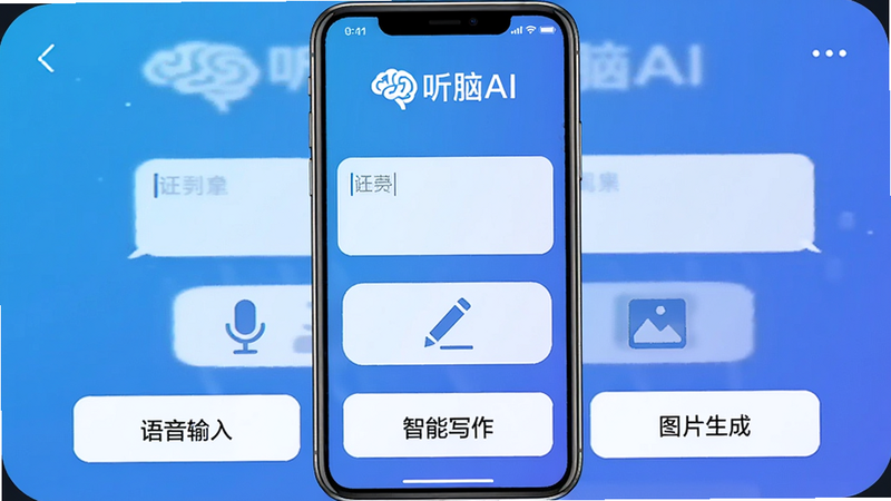 一张智能手机屏幕截图,显示听脑AI主界面,顶部有'听脑AI'logo,中间是对话输入框,下方有功能按钮如'语音输入'、'智能写作'、'图片生成',背景为渐变蓝色,界面简洁干净,高清画质,无多余元素