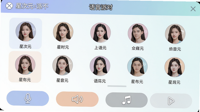 一张星次元语音派对房间的界面截图,顶部显示房间名称,中间是多个用户头像和姓名,下方有麦克风、变声、音乐等按钮,界面简洁,色彩柔和,画质清晰,文字'语音派对'。