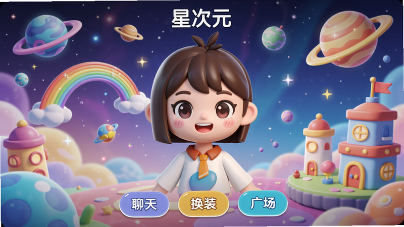 一张展示星次元APP主界面的高清图片,中央是一个可爱的3D虚拟角色,周围环绕着五彩斑斓的奇喵宇宙场景,有漂浮的星球、彩虹桥和卡通建筑,界面下方有'聊天''换装''广场'等按钮,整体风格活泼可爱,色彩明亮,画质清晰,干净无多余元素。文字标注'星次元'字样。
