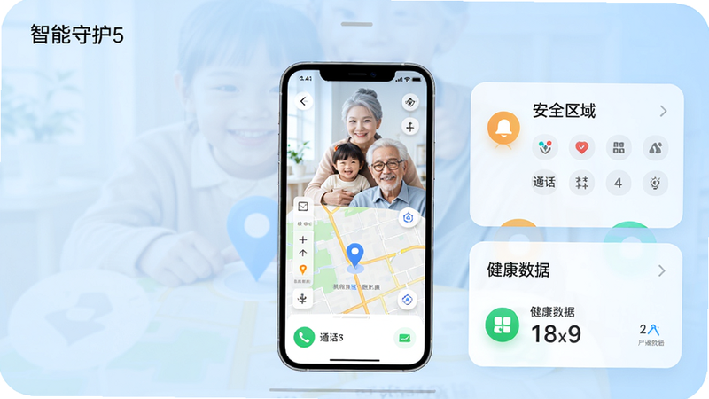 智能守护5手机管理界面主屏幕,居中展示父母手机截图,屏幕内包含定位地图、安全区域设置、通话记录、健康数据等模块,背景为浅蓝色渐变,整体风格现代简约,画质高清,干净无多余元素,屏幕左上角显示“智能守护5”字样。