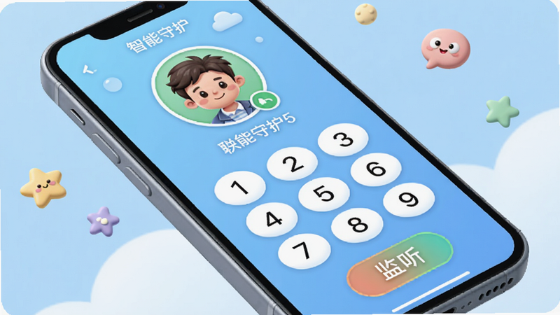 智能守护5通话功能界面,手机屏幕显示联系人头像、拨号键盘和“监听”按钮,背景为浅蓝色,卡通风格点缀,手机界面清晰,画质细腻。