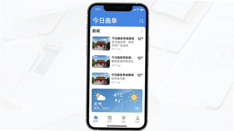 主体为手机竖屏界面,显示今日曲阜APP首页,顶部有“今日曲阜”标题,下方排列新闻列表、天气卡片和底部导航栏,布局清爽统一,风格为现代扁平化设计,细节包括新闻缩略图、温度图标,画质高清干净,无多余元素,图片中文字应显示“今日曲阜”“新闻”“天气”等。