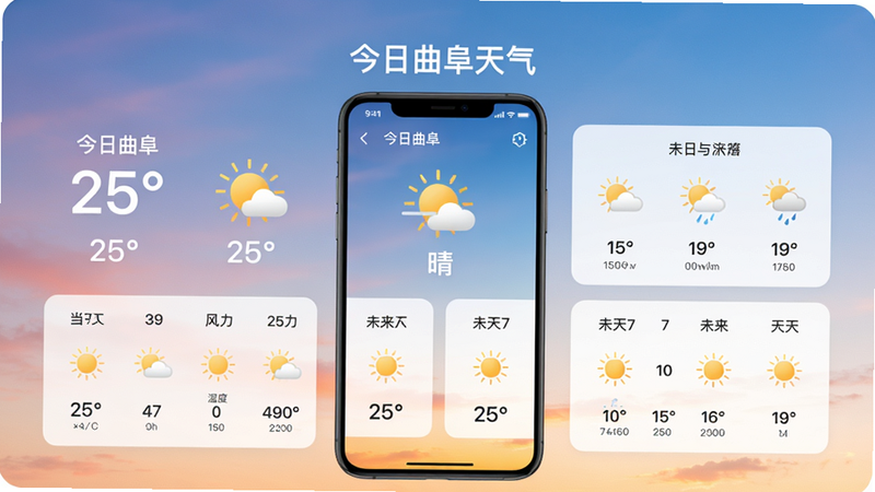 主体为手机竖屏显示天气界面,背景是渐变天空,顶部显示“今日曲阜天气”,下方为当日温度、天气图标和未来7天预报卡片,布局左右对称,风格清新简约,细节包括湿度、风力数据,画质干净明亮,无多余元素,图片中文字应有“今日曲阜”“25°”“晴”等。