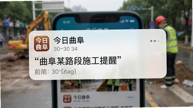 主体为手机屏幕显示一条新闻推送通知,通知栏有“今日曲阜”图标,内容为“曲阜某路段施工提醒”,背景模糊处理突出通知,布局居中,风格写实,细节包括通知按钮、时间戳,画质清晰干净,无多余元素,图片中文字应为“今日曲阜”和施工提醒内容。