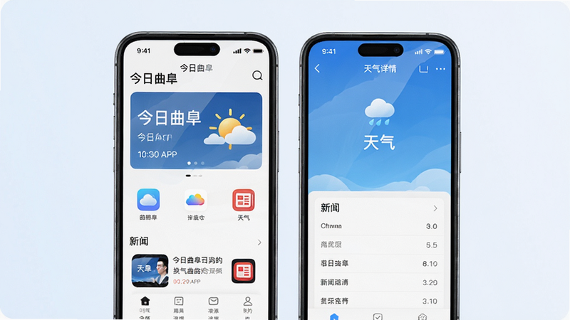 主体为两台手机并排展示今日曲阜APP,一台显示首页,另一台显示天气详情页,背景是浅色渐变,布局对称,风格简洁科技感,细节包括屏幕反光、APP图标,画质高清干净,无多余元素,图片中文字应有“今日曲阜”“天气”“新闻”等。