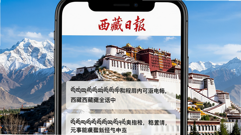 手机屏幕展示西藏日报App首页,顶部有红色logo“西藏日报”,下方是新闻卡片列表,包含藏文和中文标题,背景是雪山和布达拉宫,整体风格简洁明亮,画质高清干净,无多余元素。