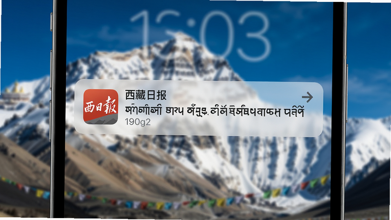 手机锁屏界面显示西藏日报App的推送通知,通知内容为一条藏文新闻标题,背景是模糊的雪山照片,画质清晰,突出推送实时性,无多余元素。