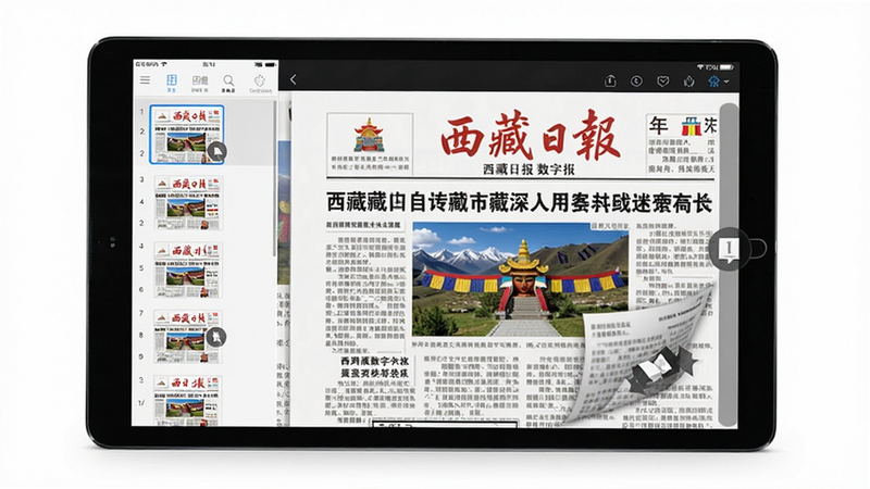 平板电脑横向显示西藏日报数字报阅读界面,左侧有报纸缩略图列表,右侧展示放大的报纸版面,有翻页动画,背景纯白,画质高清,字体清晰可见。