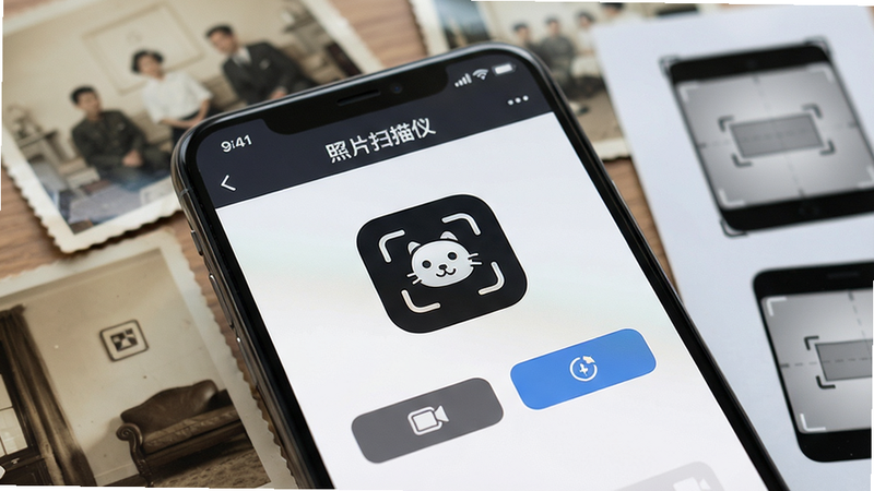 一张智能手机屏幕特写,显示“照片扫描仪”应用的主界面,背景散落着几张老照片和扫描后的电子文件,灯光柔和自然,主体突出应用图标和功能按钮,布局居中,风格写实精细,画质高清,干净无多余元素