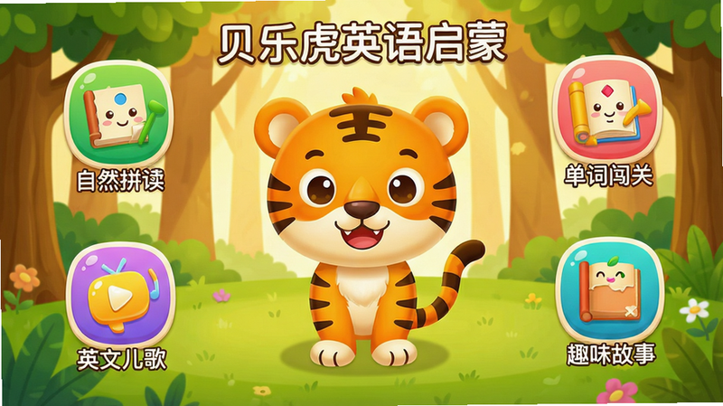 一张展示贝乐虎英语启蒙app主界面的高清截图,背景为温暖明亮的卡通森林,中央有一只可爱的老虎卡通形象,周围分布着“自然拼读”、“单词闯关”、“英文儿歌”、“趣味故事”等彩色图标,图标设计圆润可爱,风格统一,画质细腻,整体干净无多余文字干扰,突出软件名称“贝乐虎英语启蒙”字样