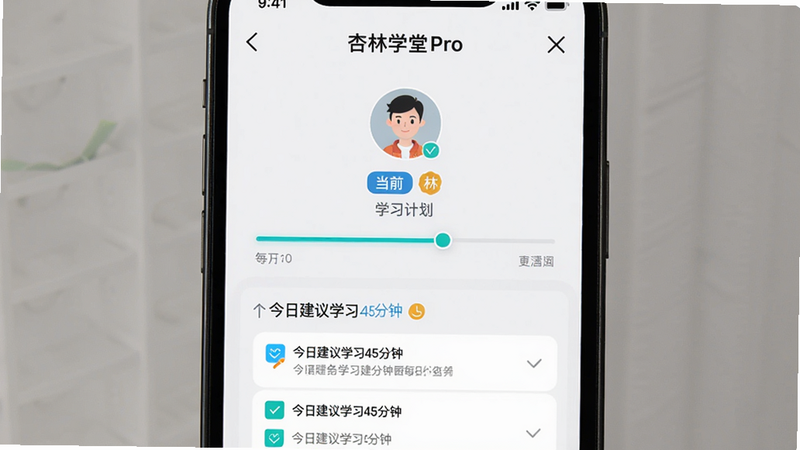 主体为手机屏幕上杏林学堂Pro的“学习计划”界面,居中对齐,上方显示用户头像与当前等级,下方为进度条与每日任务列表,风格简洁明快,细节包含“今日建议学习45分钟”提示,画质清晰,干净无多余元素