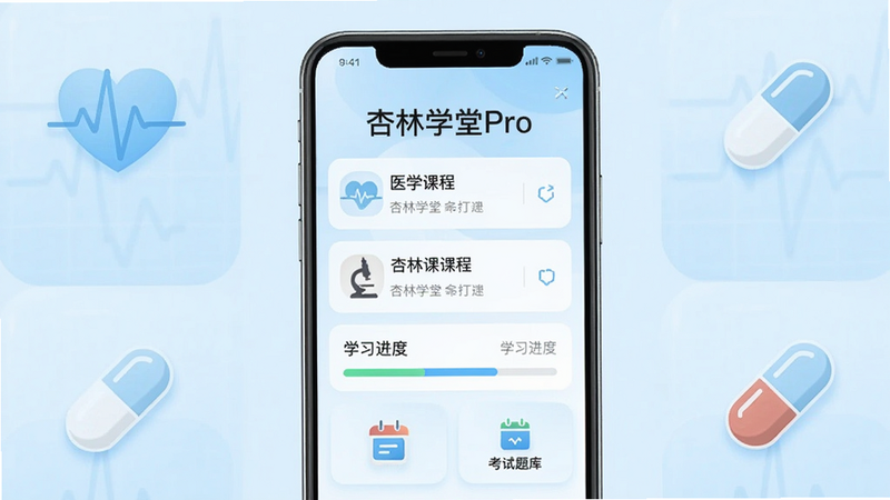 主体为手机屏幕展示杏林学堂Pro主界面,居中布局,顶部显示“杏林学堂Pro”文字,下方排列医学课程列表、学习进度条、考试题库入口,整体风格清新健康,背景浅蓝,细节包含心电图、药丸等医学图标,画质高清,干净无多余元素