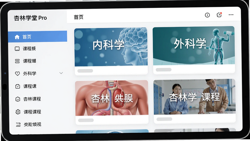 主体为平板电脑上显示杏林学堂Pro课程列表页面,左侧导航栏,右侧课程封面图,布局规整,风格专业清新,细节包括“内科学”“外科学”等卡片,画质高清,干净无多余元素