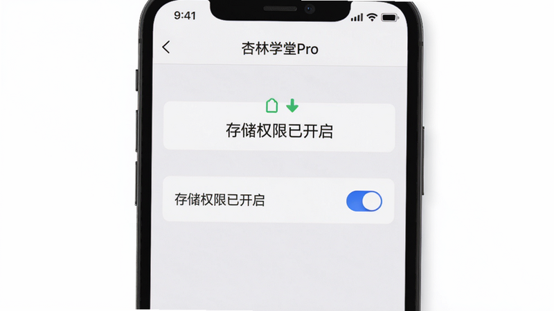 主体为手机屏幕上展示“杏林学堂Pro”的设置界面,布局居中,显示“存储权限已开启”状态,风格简洁,细节包括蓝色开关按钮,画质高清,干净无多余元素